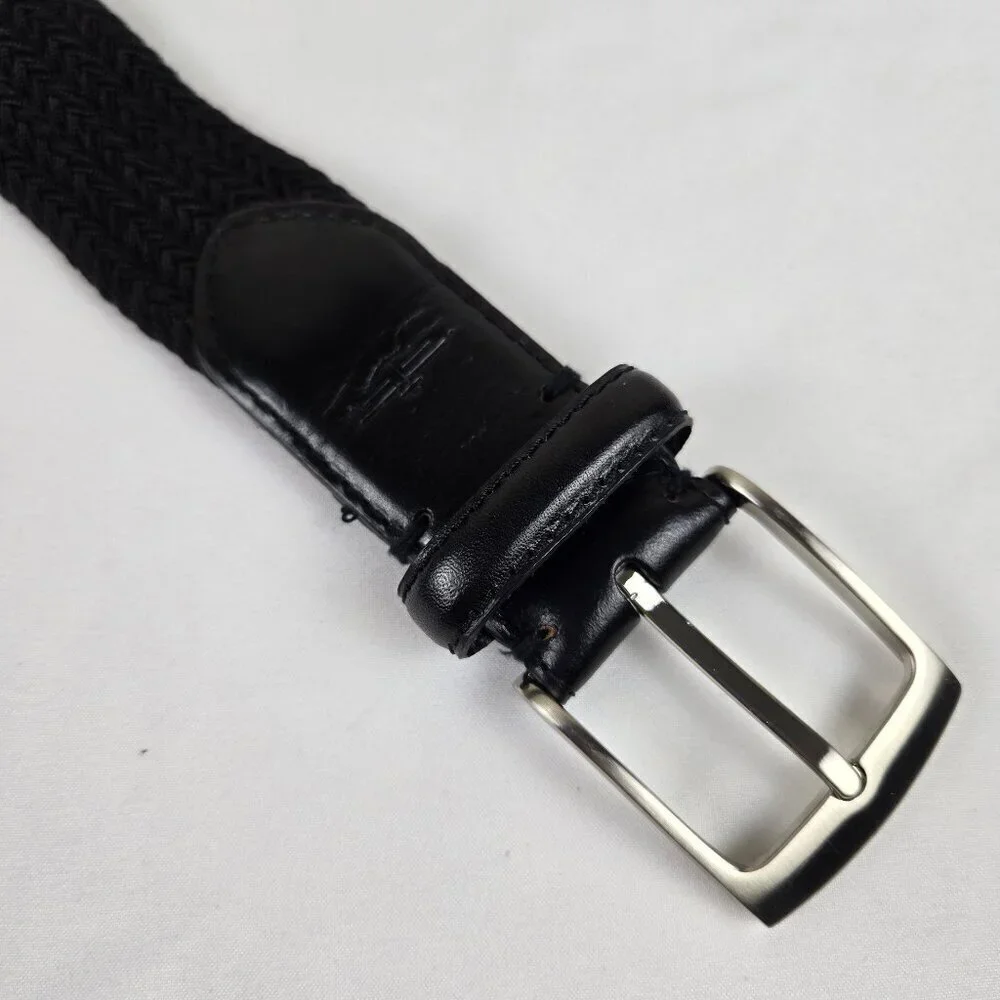Dockers Men's Size 34 Black Woven Belt Leather Trim Silver Hardware Casual